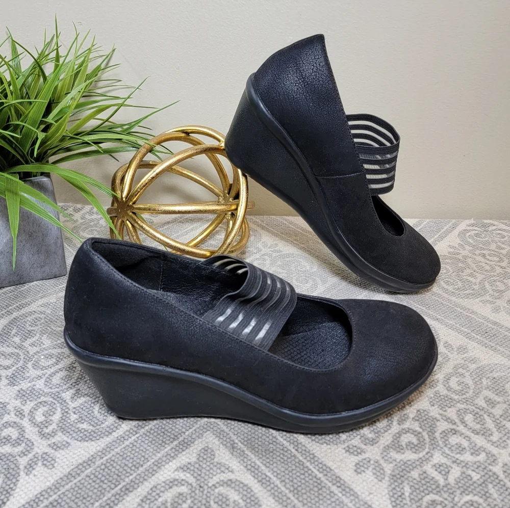 Women's Black Mary Jane Wedge Shoes with Elastic Strap Size 7.5